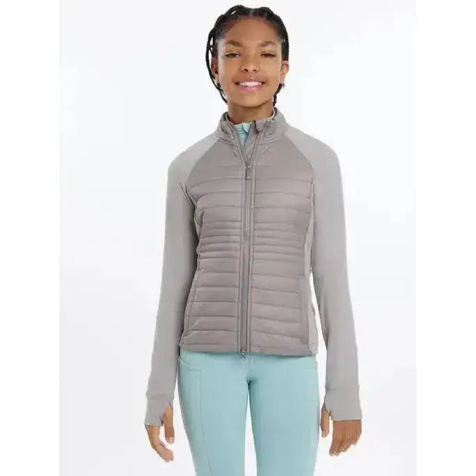 Gray quilted zip-up lemieux young rider josephine jacket with long sleeves and a high collar for riders