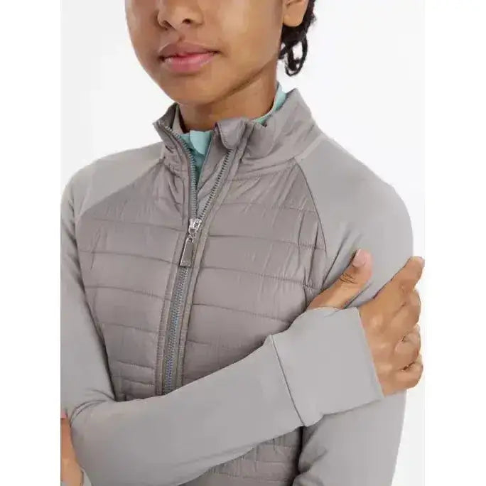 Gray quilted lemieux young rider josephine jacket with subtle sheen and matching zipper pull in pecan color