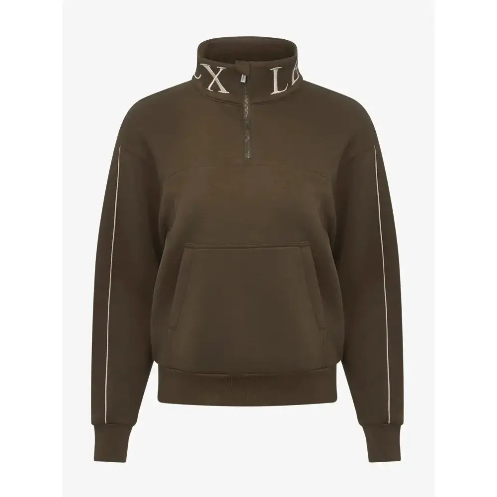 Olive green lemieux young rider kate quarter zip sweatshirt with white collar lettering and sleeve stripes
