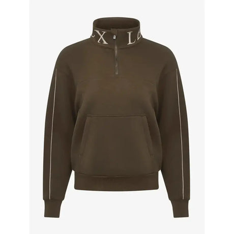 Olive green lemieux young rider kate quarter zip sweatshirt with white collar lettering and sleeve stripes