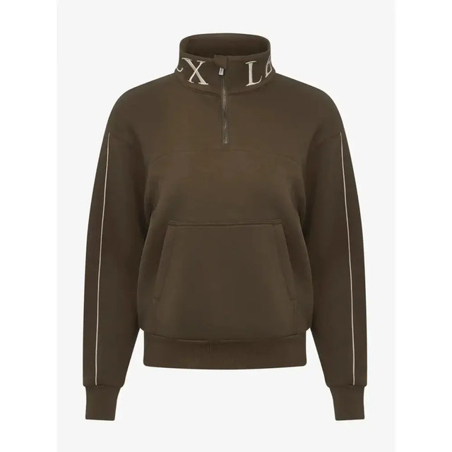 Olive green lemieux young rider kate quarter zip sweatshirt with white collar lettering and sleeve stripes