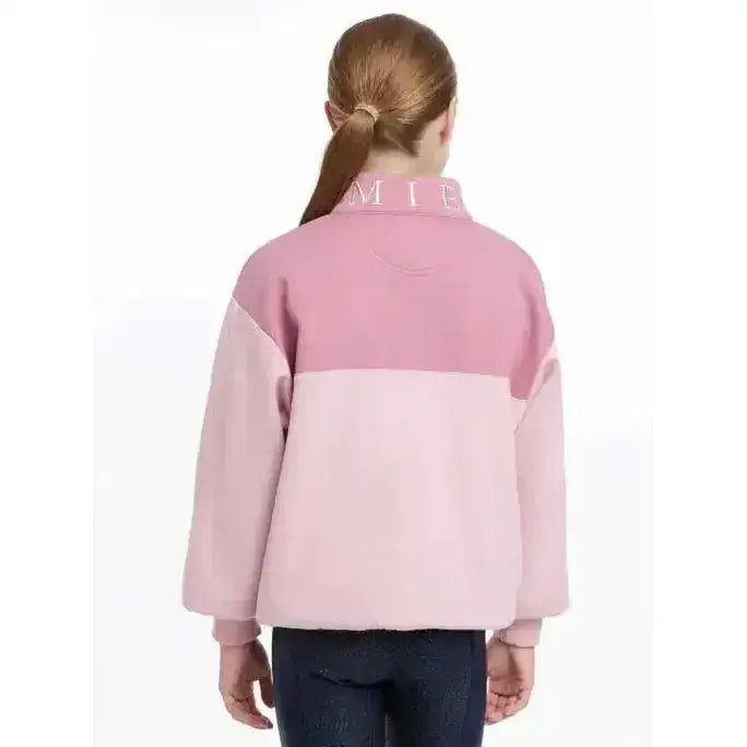 Pink two-tone fleece lemieux young rider kate quarter zip with lighter pink collar and embroidered lettering zip sweat blossom