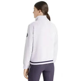 White lemieux young rider zip-up jacket with navy trim and small logo on left sleeve in rider libby fleece lilac style