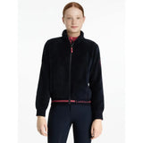 Black velvet zip-up jacket with pink zipper pull and lemieux belt detail from lemieux young rider libby fleece navy collection