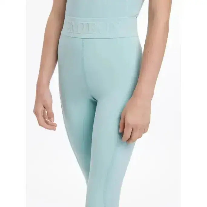 Light blue lemieux young rider lizzie mesh legging with ribbed waistband and embossed brand name in subtle relief