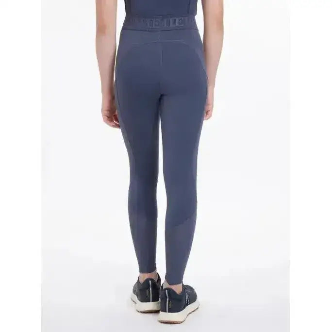 Dark blue high waisted lemieux young rider lizzie mesh legging with subtle textured waistband in dusk blue