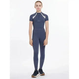 A navy blue lemieux young rider lizzie mesh legging with white shoulder panels and small chest logo in dusk blue