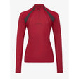 Red long-sleeved lemieux young rider mia mesh base layer with dark gray shoulder panels and half-zip neckline ember