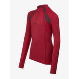 Red long-sleeved lemieux young rider mia mesh base layer with dark gray panels and quarter-zip collar ember color
