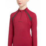Red long-sleeved lemieux young rider mia mesh base layer with dark gray shoulders and half-zip collar ember color