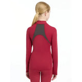 Back view of lemieux young rider mia mesh base layer in red with a dark gray panel perfect for active kids