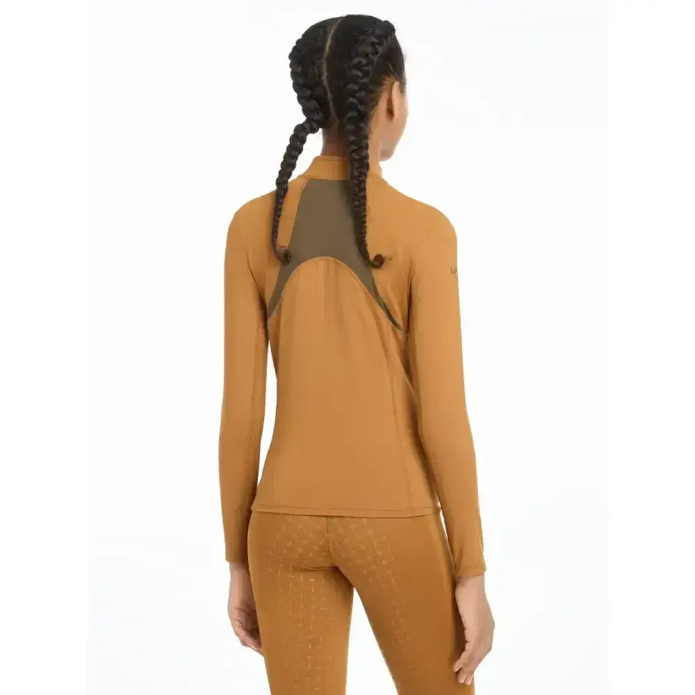 Back view of lemieux young rider mia mesh base layer in mustard yellow with olive green mesh panel for active wear