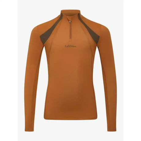 Orange lemieux young rider mia mesh base layer with dark gray shoulder panels and half-zip collar in ginger