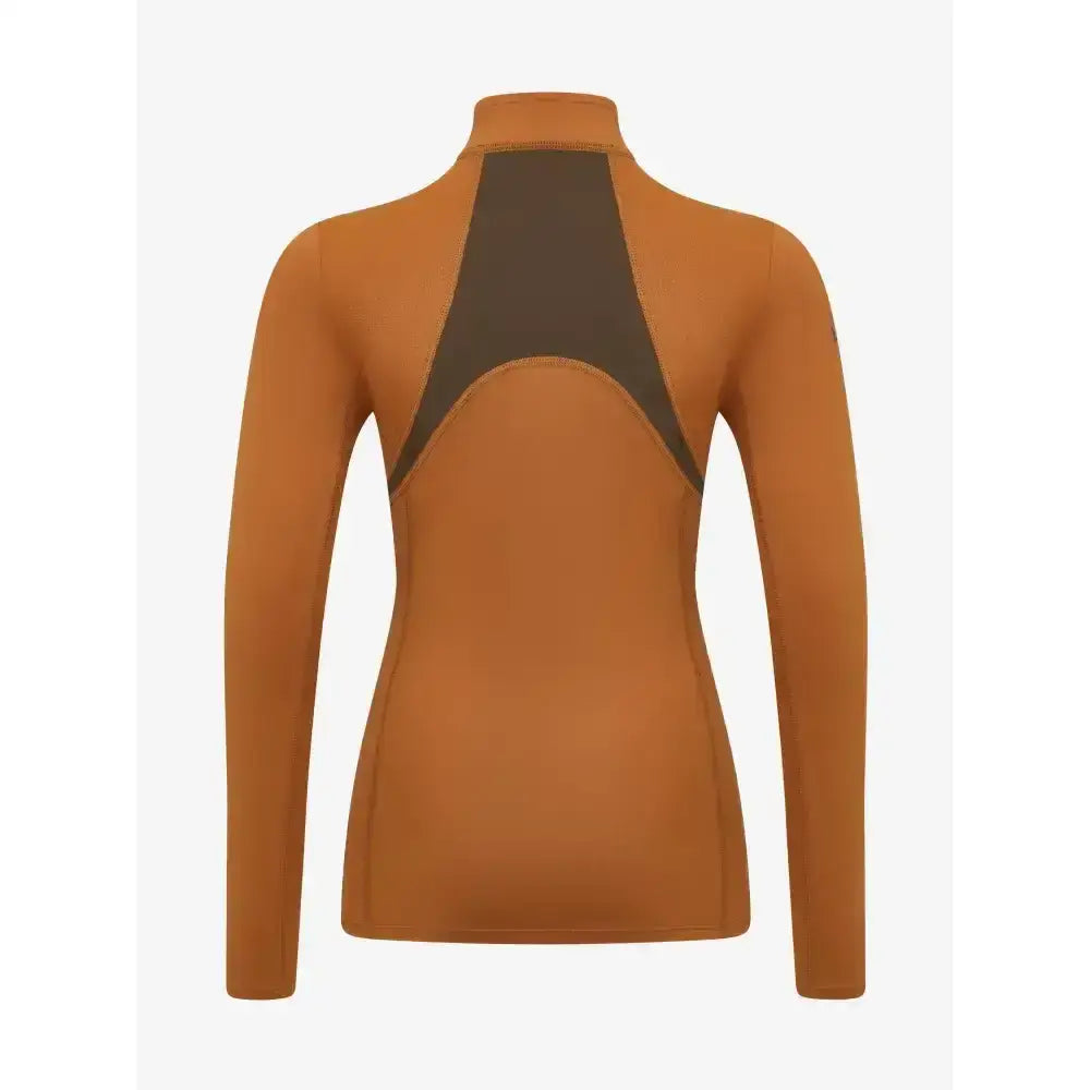 Back view of lemieux young rider mia mesh base layer long-sleeve top in ginger with dark gray panel