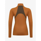 Back view of lemieux young rider mia mesh base layer long-sleeve top in ginger with dark gray panel
