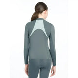 Back view of lemieux young rider mia mesh base layer in dark gray with light gray geometric panel for athletic use