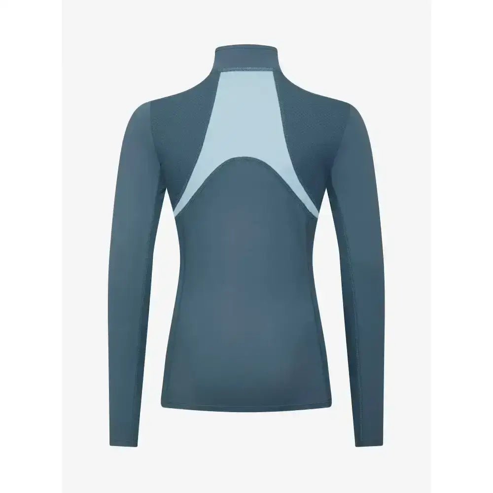 Back view of lemieux young rider mia mesh base layer in dark gray with light blue geometric panel on the back