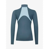 Back view of lemieux young rider mia mesh base layer in dark gray with light blue geometric panel on the back