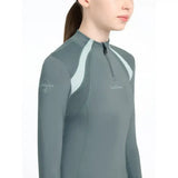 Gray long-sleeved lemieux young rider mia mesh base layer with light gray panels and half-zip collar