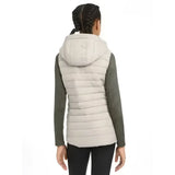 Beige quilted lemieux young rider milly puffer gilet with hood and dark green long sleeves for riding comfort
