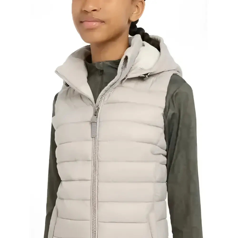 Light gray quilted lemieux young rider milly puffer vest with hood and zipper front for young riders