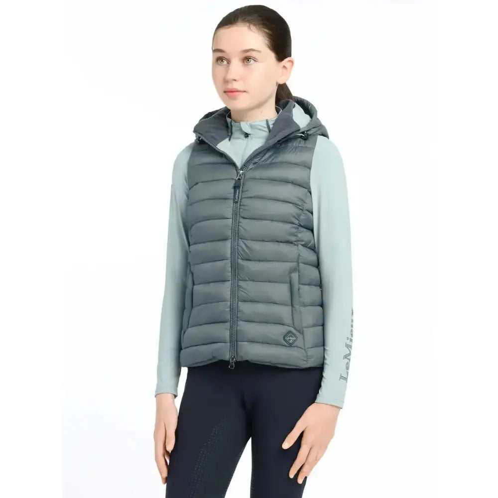 Gray quilted lemieux young rider milly puffer gilet with hood and front zipper for comfy warmth