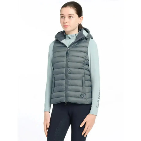 Gray quilted lemieux young rider milly puffer gilet with hood and front zipper for comfy warmth