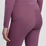 Purple lemieux young rider breech mallow leggings with subtle crosshatch pattern and branded waistband for active riders