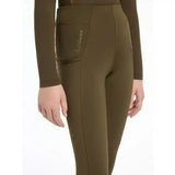 Olive green lemieux young rider orla pull ons with sleek fit and subtle logo on side pocket perfect for riding
