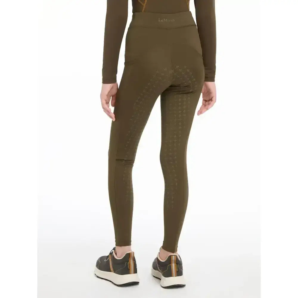Olive green lemieux young rider orla pull ons with subtle diamond texture and high waisted design for young riders