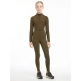 Olive green lemieux young rider orla pull ons jumpsuit with long sleeves high collar and subtle side seam detailing