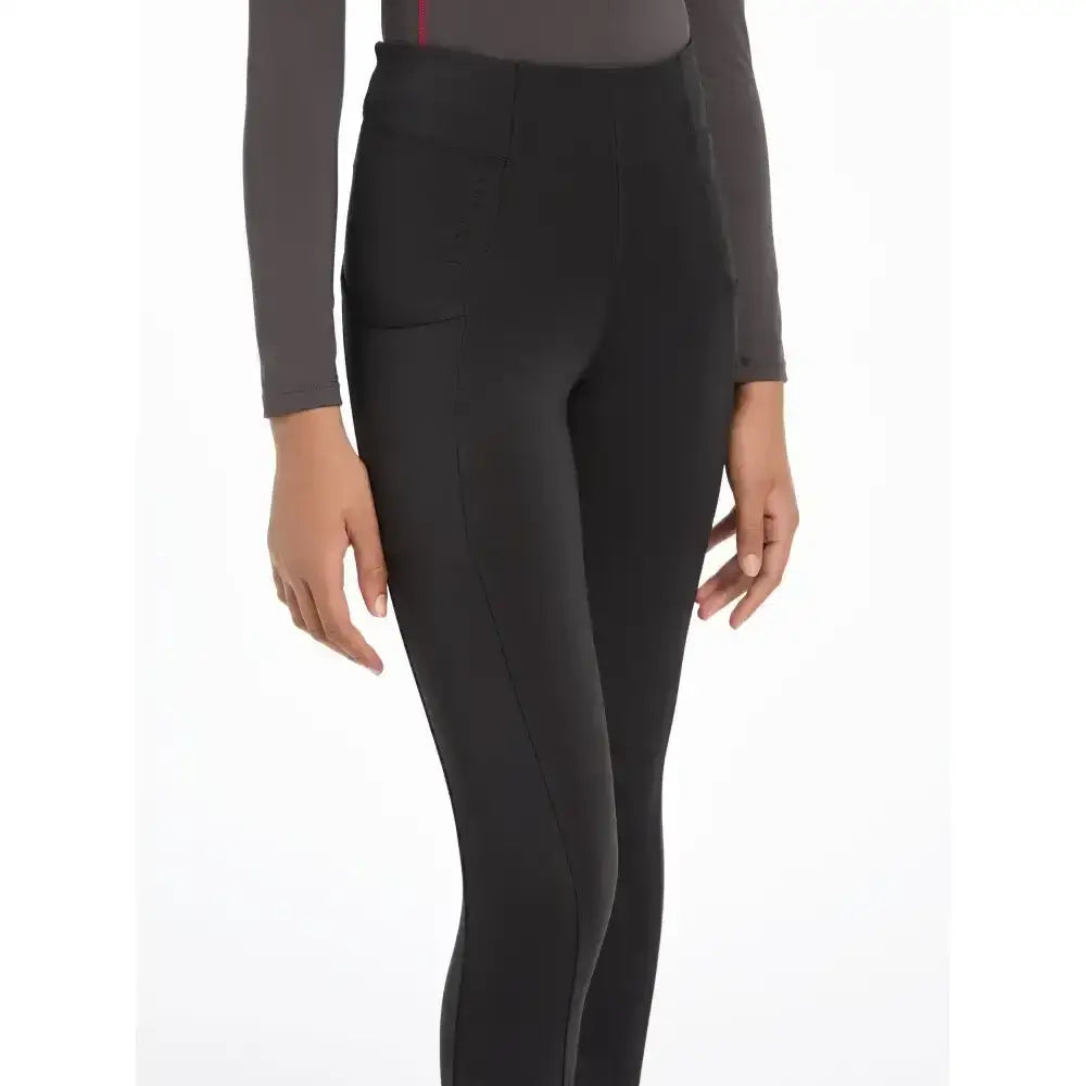 Black lemieux young rider orla pull ons high-waisted leggings with smooth fit and subtle red trim on side seam