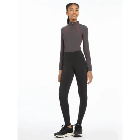 A sleek lemieux young rider orla pull ons gray athletic top with maroon panels and a high collar