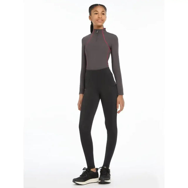 A sleek lemieux young rider orla pull ons gray athletic top with maroon panels and a high collar