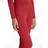 Red form-fitting lemieux young rider orla pull ons chilli leggings with a subtle glossy patch on the thigh