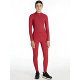 Red long-sleeved high-necked compression suit with zipper and subtle branding on sleeve lemieux young rider orla pull ons