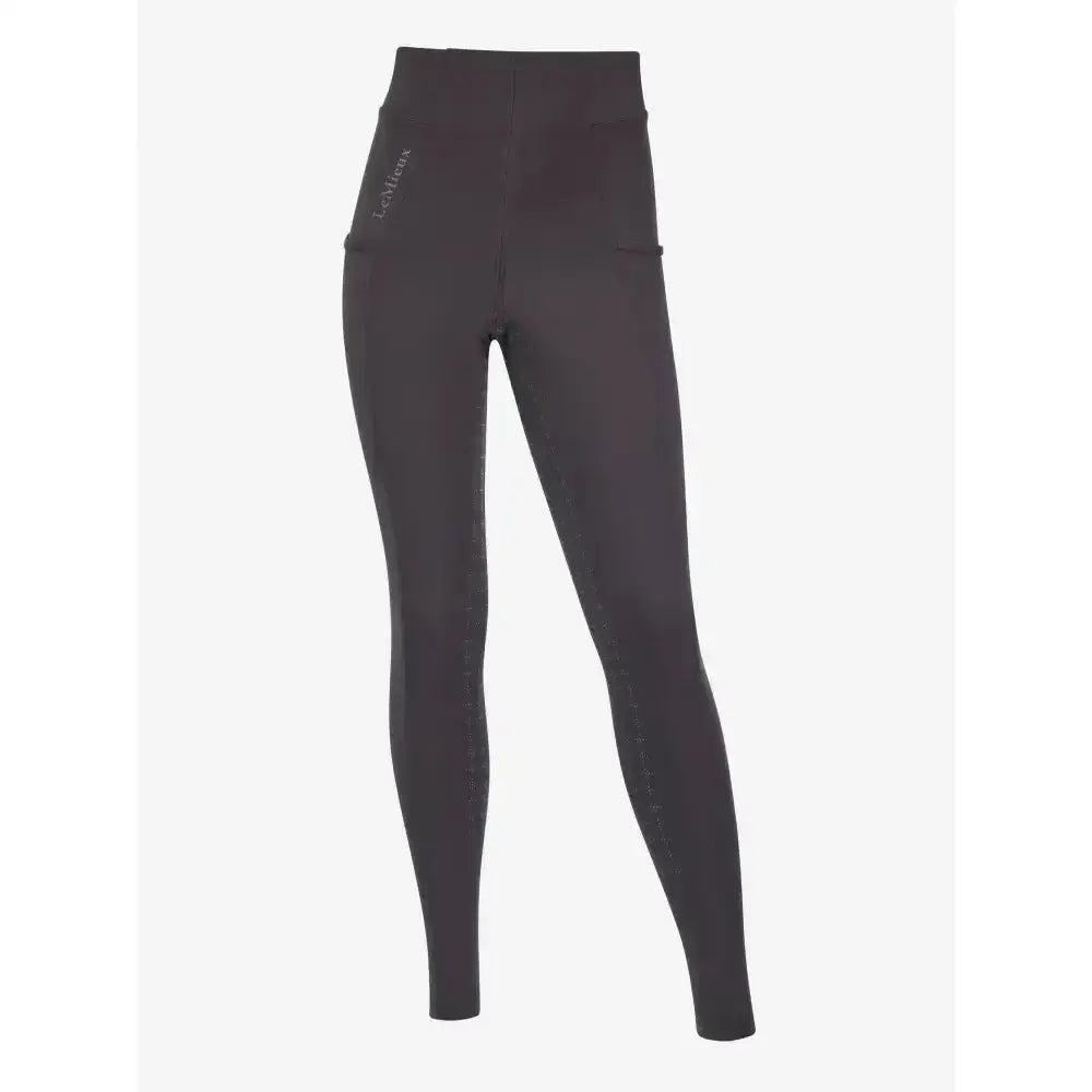 Black high-waisted lemieux young rider orla pull ons with sleek fit and subtle branding on thigh in cinder color