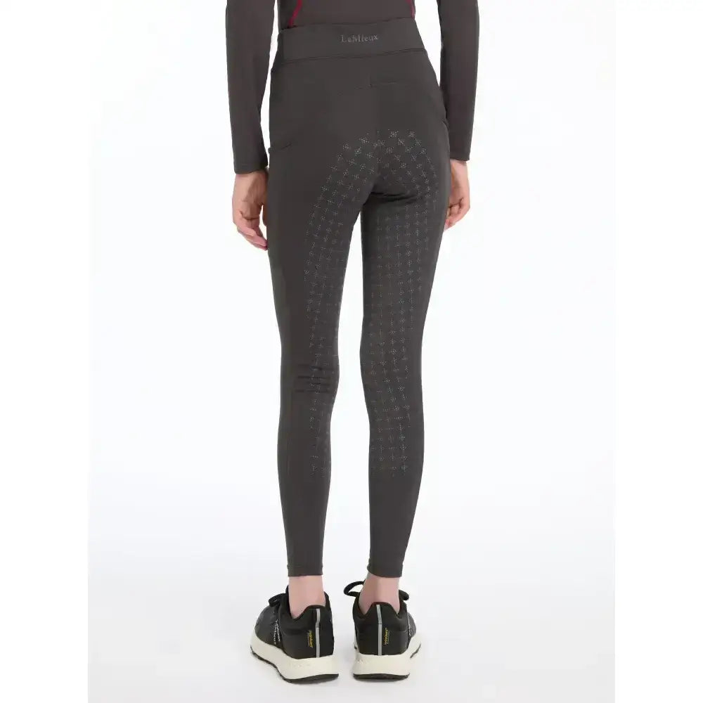Dark gray lemieux young rider orla pull ons with textured patterns on thighs and back showing the back side