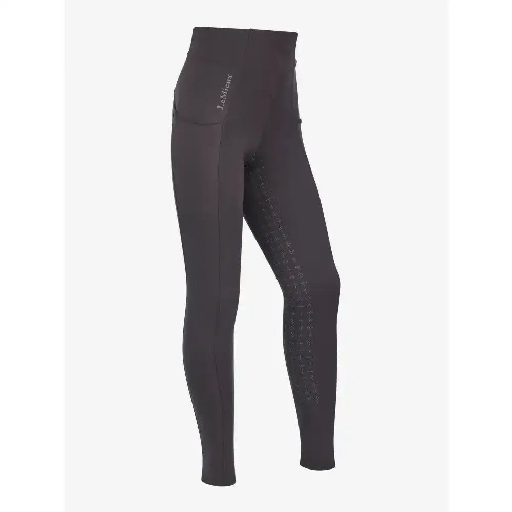 Dark grey lemieux young rider orla pull ons with subtle textured detailing along the outer leg for young riders