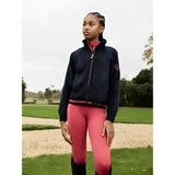Navy blue lemieux young rider zip-up jacket with pink accents and subtle logo on sleeve in orla pull ons cranberry style