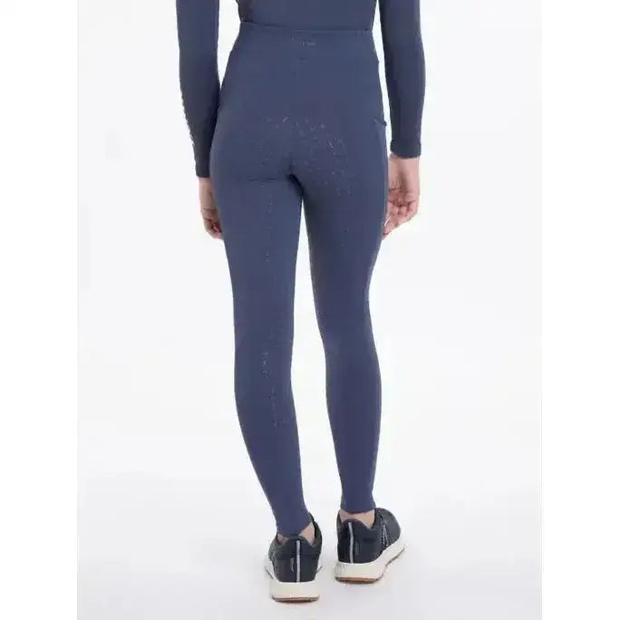 Navy blue high waisted lemieux young rider orla pull ons with subtle textured detailing in dusk blue