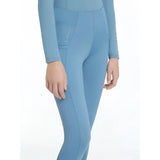 Light blue lemieux young rider orla pull ons ice leggings with subtle seam detail and branded thigh pocket