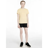 A soft yellow short-sleeved cotton t-shirt paired with lemieux young rider penelope shorts black for riders