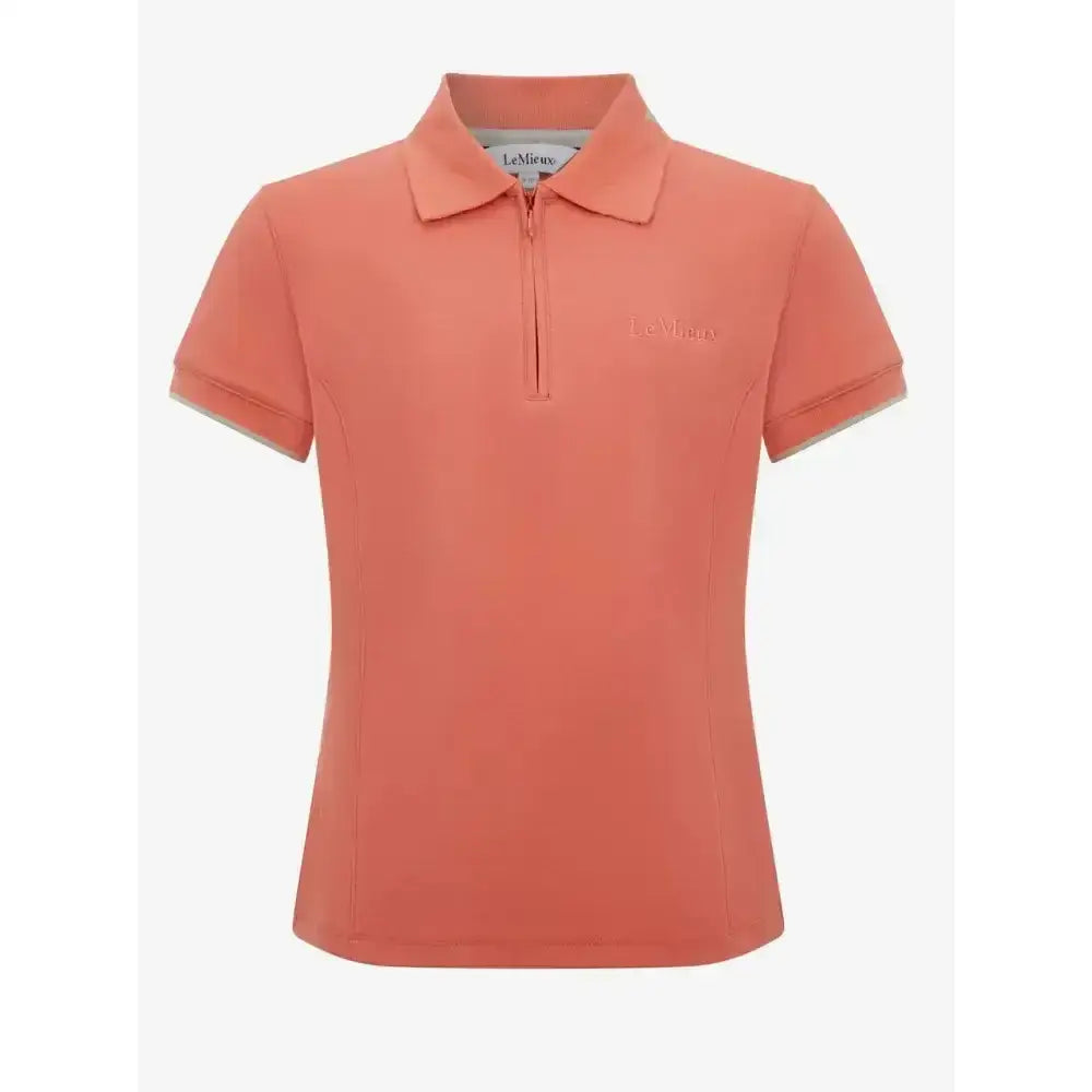 Coral-colored lemieux young rider polo shirt with jacquard rib collar and subtle embroidered logo on the chest