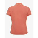 Coral-colored lemieux young rider polo shirt with jacquard rib collar and subtle logo on collar and sleeve