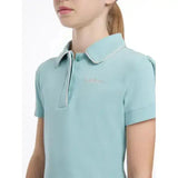 Light blue lemieux young rider polo shirt with subtle textured weave and white piping on collar and cuffs