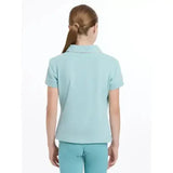 A light blue lemieux young rider polo shirt with short sleeves, collar, and subtle stitching details