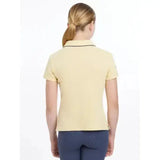 Pale yellow lemieux young rider polo shirt mimosa with black trim collar and sleeve cuffs perfect for young riders