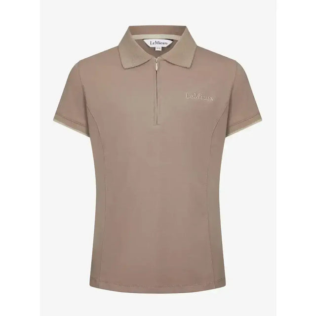 Beige lemieux young rider polo shirt with a half zip collar subtle chest logo and soft pique fabric in mink color