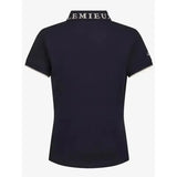 Navy blue lemieux young rider polo shirt with white lettering on collar and small logo on sleeve perfect rider polo shirt